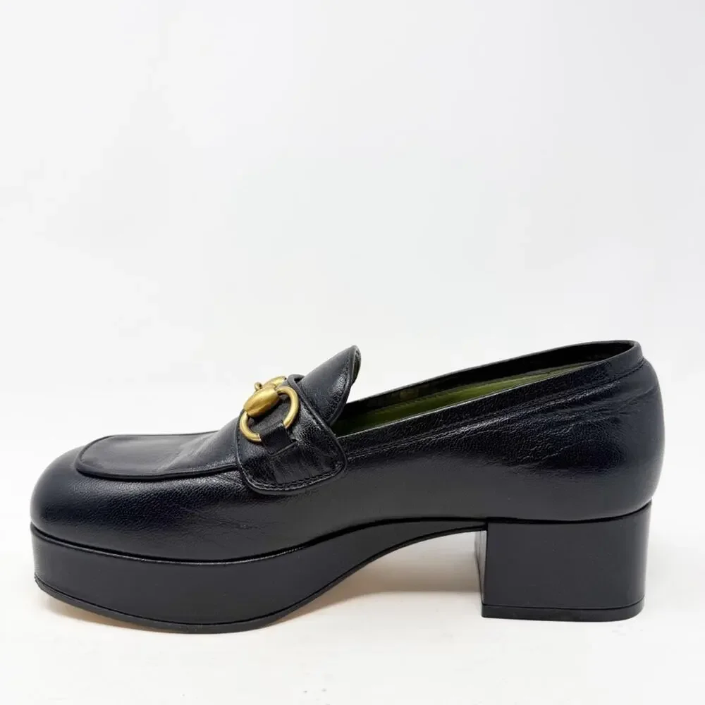 Gucci Houdan Horsebit Platform Loafers Black Leather Womens Size EU 36